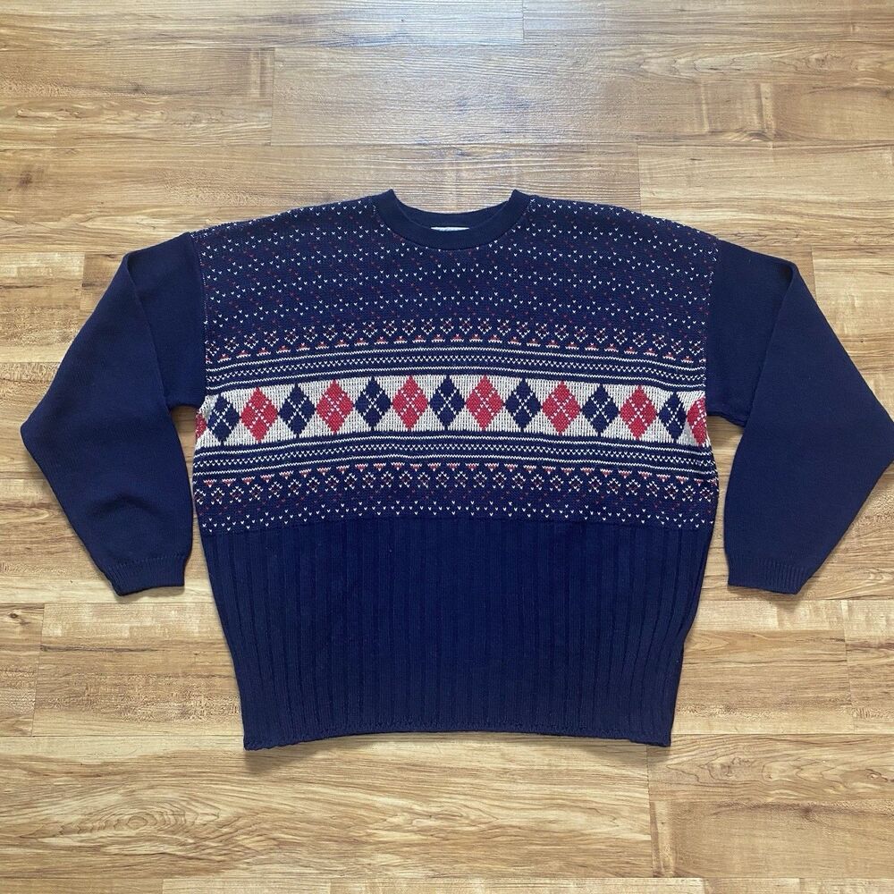 VTG 90s Cabin Creek XL Navy Blue Argyle Nordic Fair Isle Grandpa Ski Sweater Dad